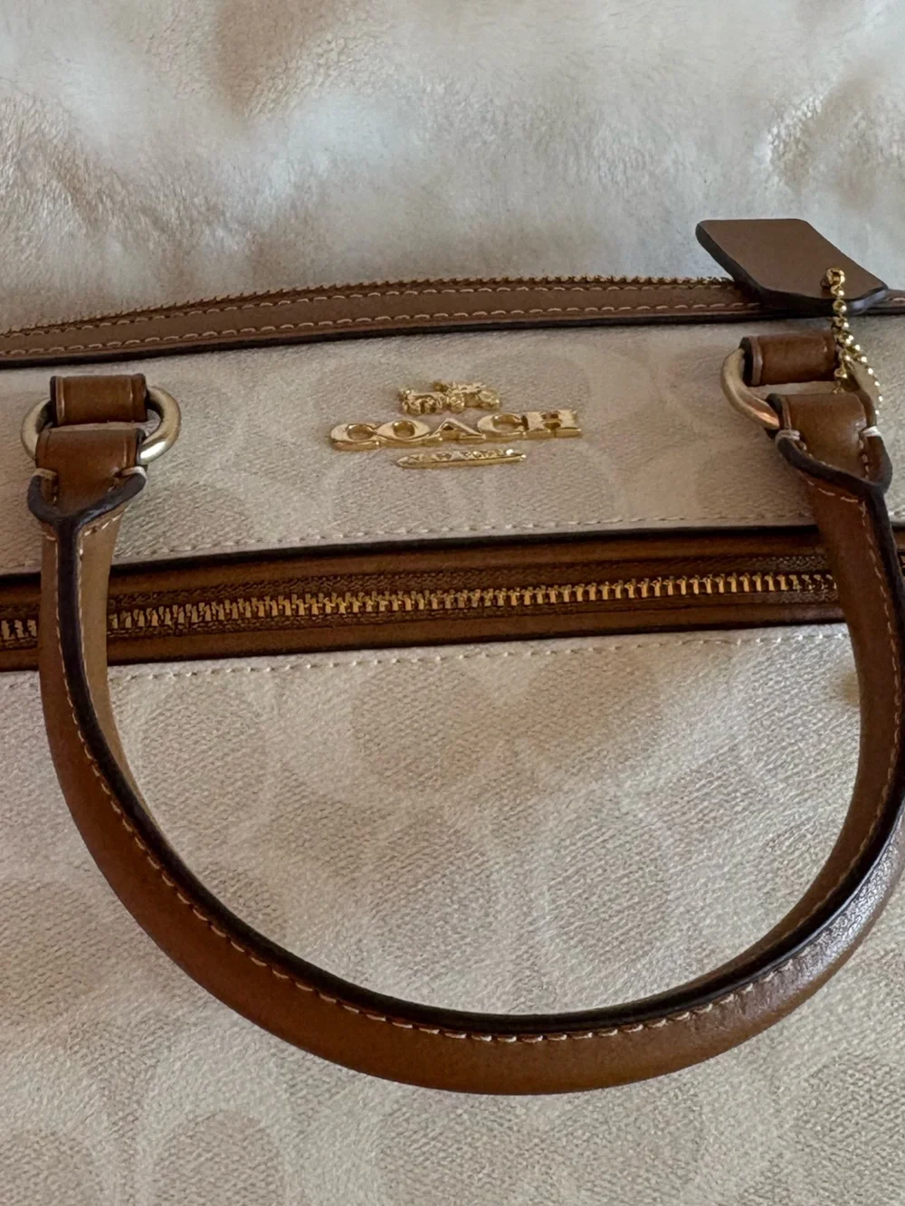 Coach Rowan Cream Signature Canvas Crossbody with Tan Leather Trim